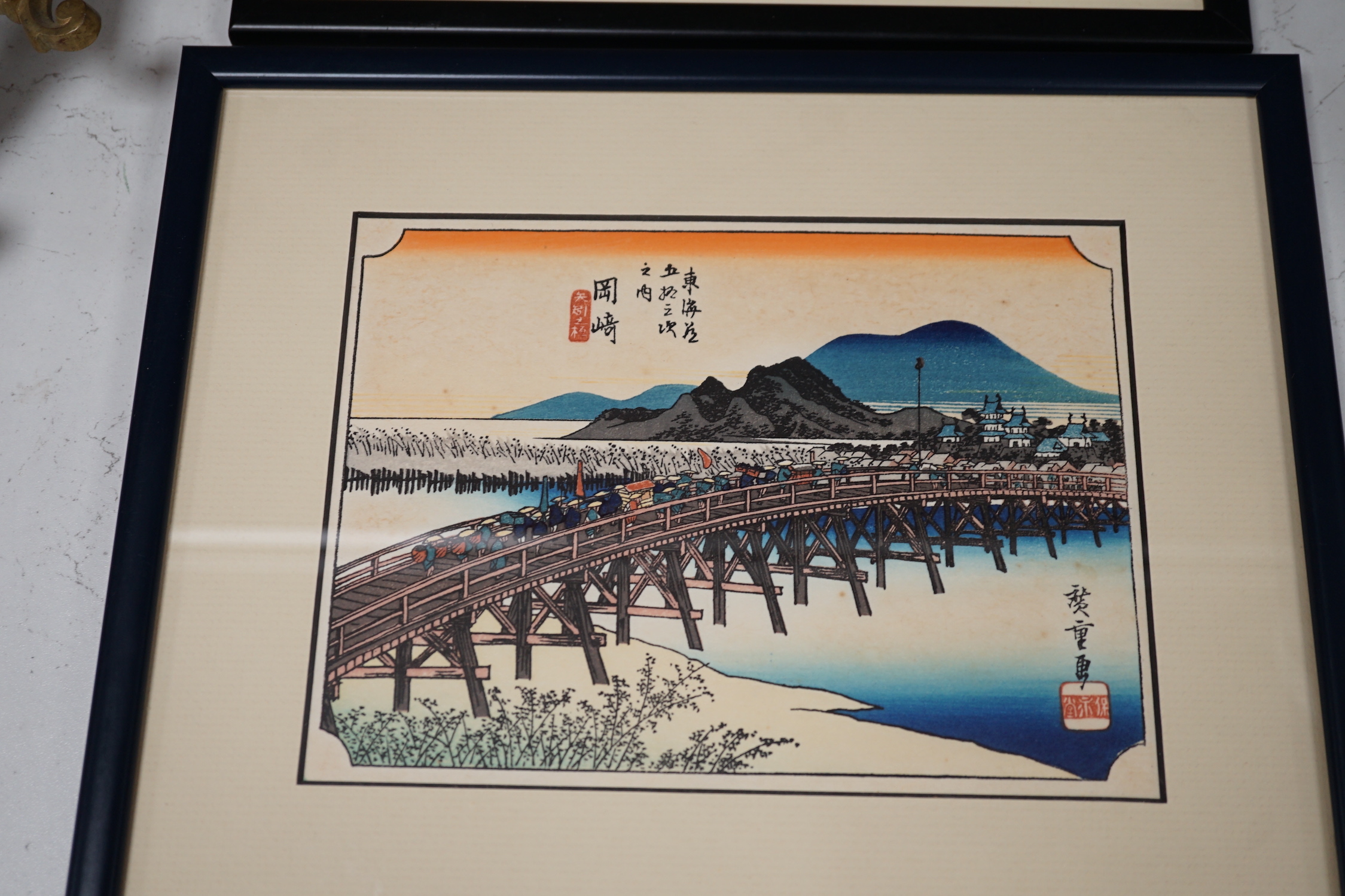 Hiroshige, two woodblock prints, 'Stations of The Tokaido', 14 x 19cm and a print of a Samurai